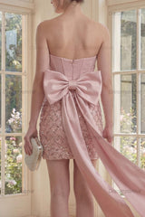 Blush Strapless Sequin Corset Tight Short Homecoming Dress with Bow