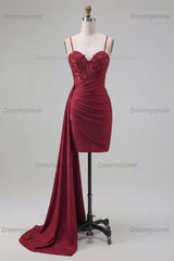 Burgundy Beaded Ruched Tight Short Homecoming Dress with Side Cape