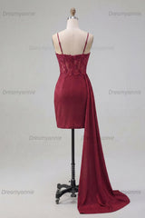 Burgundy Beaded Ruched Tight Short Homecoming Dress with Side Cape