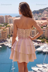 Champagne Beaded A-Line Corset Short Homecoming Dress with Ruffles