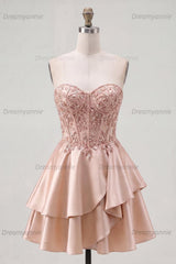 Champagne Beaded A-Line Corset Short Homecoming Dress with Ruffles