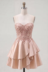 Sparkly Champagne Beaded A-Line Corset Short Homecoming Dress with Ruffles
