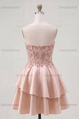 Champagne Beaded A-Line Corset Short Homecoming Dress with Ruffles