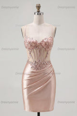 Champagne Beaded Ruched Corset Tight Short Homecoming Dress