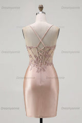 Champagne Beaded Ruched Corset Tight Short Homecoming Dress