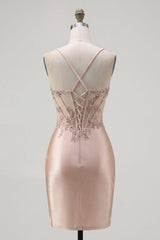 Sparkly Champagne Beaded Ruched Corset Tight Short Homecoming Dress