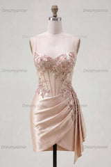 Champagne Floral Beaded Corset Tight Short Homecoming Dress with Side Cape
