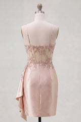 Sparkly Champagne Floral Beaded Corset Tight Short Homecoming Dress with Side Cape