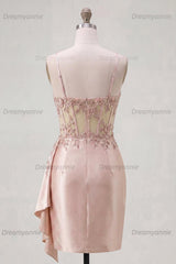 Champagne Floral Beaded Corset Tight Short Homecoming Dress with Side Cape
