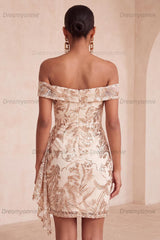 Champagne Floral Sequins Tight Short Homecoming Dress