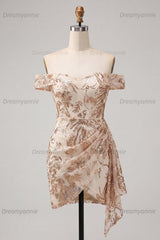 Champagne Floral Sequins Tight Short Homecoming Dress