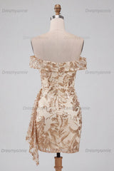 Champagne Floral Sequins Tight Short Homecoming Dress