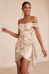 Sparkly Champagne Floral Sequins Tight Short Homecoming Dress