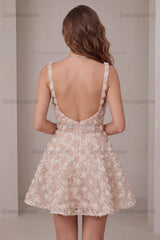 Champagne Sequin A-Line Short Homecoming Dress with 3D Flowers