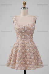 Champagne Sequin A-Line Short Homecoming Dress with 3D Flowers