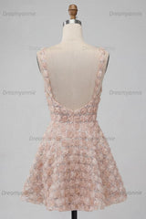 Champagne Sequin A-Line Short Homecoming Dress with 3D Flowers