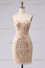 Champagne Sequin Tight Short Corset Homecoming Dress