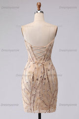 Champagne Sequin Tight Short Corset Homecoming Dress