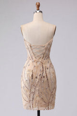 Sparkly Champagne Sequin Tight Short Corset Homecoming Dress