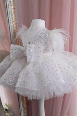 Sparkly Crew Neck Ball Gown Flower Girl Dress with Feathers