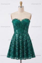 Dark Green Strapless Corset A-Line Short Homecoming Dress