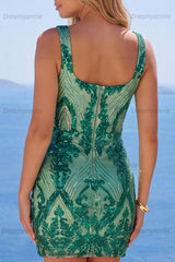 Dark Green Square Neck Sequin Tight Short Homecoming Dress