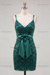Dark Green Tight Sequin Short Homecoming Dress with Bow