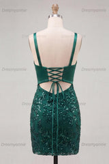 Dark Green Tight Sequin Short Homecoming Dress with Bow