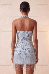 Dusty Blue Floral Fringed Sequins Tight Short Homecoming Dress