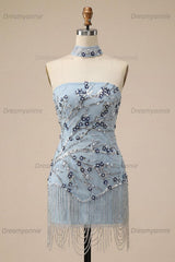 Dusty Blue Floral Fringed Sequins Tight Short Homecoming Dress