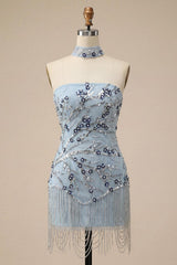 Sparkly Dusty Blue Floral Fringed Sequins Tight Short Homecoming Dress