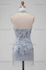 Dusty Blue Floral Fringed Sequins Tight Short Homecoming Dress