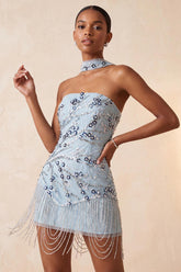 Sparkly Dusty Blue Floral Fringed Sequins Tight Short Homecoming Dress