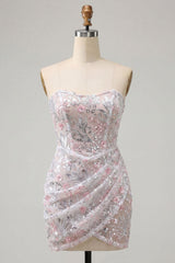 Sparkly Floral Blush Corset Tight Ruched Sequins Short Homecoming Dress