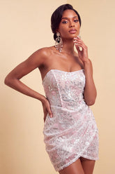 Sparkly Floral Blush Corset Tight Ruched Sequins Short Homecoming Dress