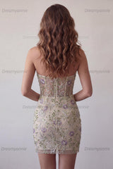 Floral Dusty Sage Beaded Tight Short Corset Homecoming Dress