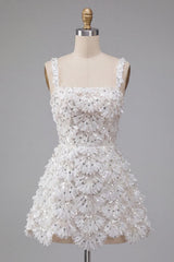 Sparkly Floral Ivory Sequin Tight Short A-Line Homecoming Dress