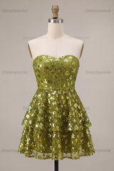 Floral Olive Sweetheart Sequin A Line Ruffled Short Homecoming Dress
