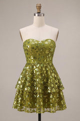 Sparkly Floral Olive Sweetheart Sequin A Line Ruffled Short Homecoming Dress