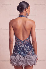 Floral Ruffled Navy Tight Halter Beaded Short Homecoming Dress