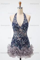 Floral Ruffled Navy Tight Halter Beaded Short Homecoming Dress