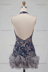 Floral Ruffled Navy Tight Halter Beaded Short Homecoming Dress