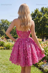 Fuchsia Floral Beaded Cut-Out A-Line Corset Short Homecoming Dress