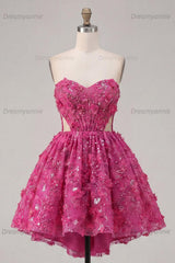 Fuchsia Floral Beaded Cut-Out A-Line Corset Short Homecoming Dress