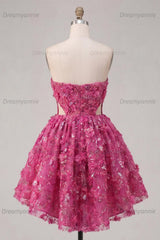 Fuchsia Floral Beaded Cut-Out A-Line Corset Short Homecoming Dress