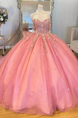 Sparkly & Glitter Ball Gown Off Shoulder Floral Applique Beaded Pink Tulle Quinceanera Dress Birthday Party Gowns For Sweet 16