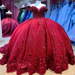 Sparkly & Glitter Ball Gown Off Shoulder Floral Appliques Red Tulle Quinceanera Dress Princess Birthday Party Gown For Sweet 16