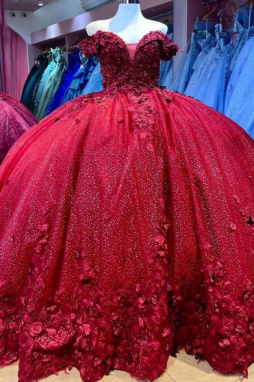 Sparkly & Glitter Ball Gown Off Shoulder Floral Appliques Red Tulle Quinceanera Dress Princess Birthday Party Gown For Sweet 16