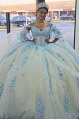 Sparkly & Glitter Ball Gown Off Shoulder Lace Applique Beaded Sky Blue Tulle Quinceanera Dress Princess Party Gown For Sweet 16