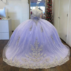 Sparkly & Glitter Ball Gown Off Shoulder Lace Appliques Beaded Lavender Tulle Quinceanera Dress Evening Party Dress For Sweet 16